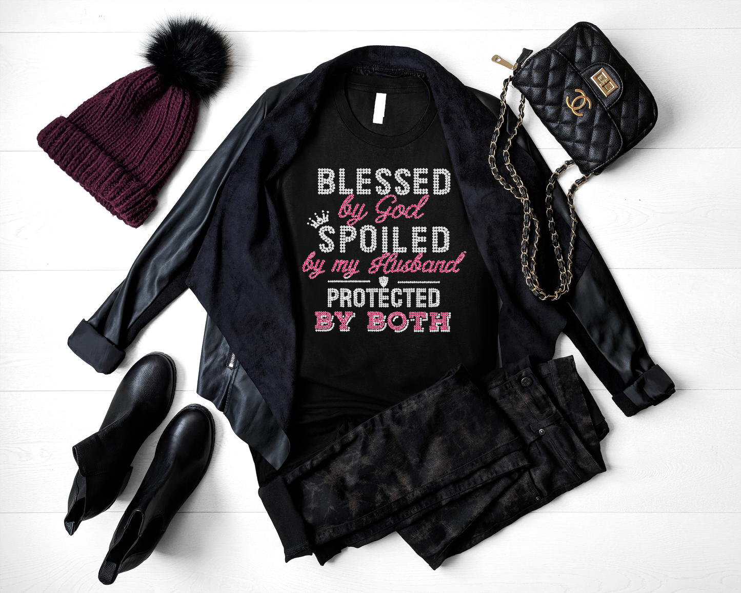 Blessed By God Spoiled By My Husband Protected By Both Rhinestone T-Shirt