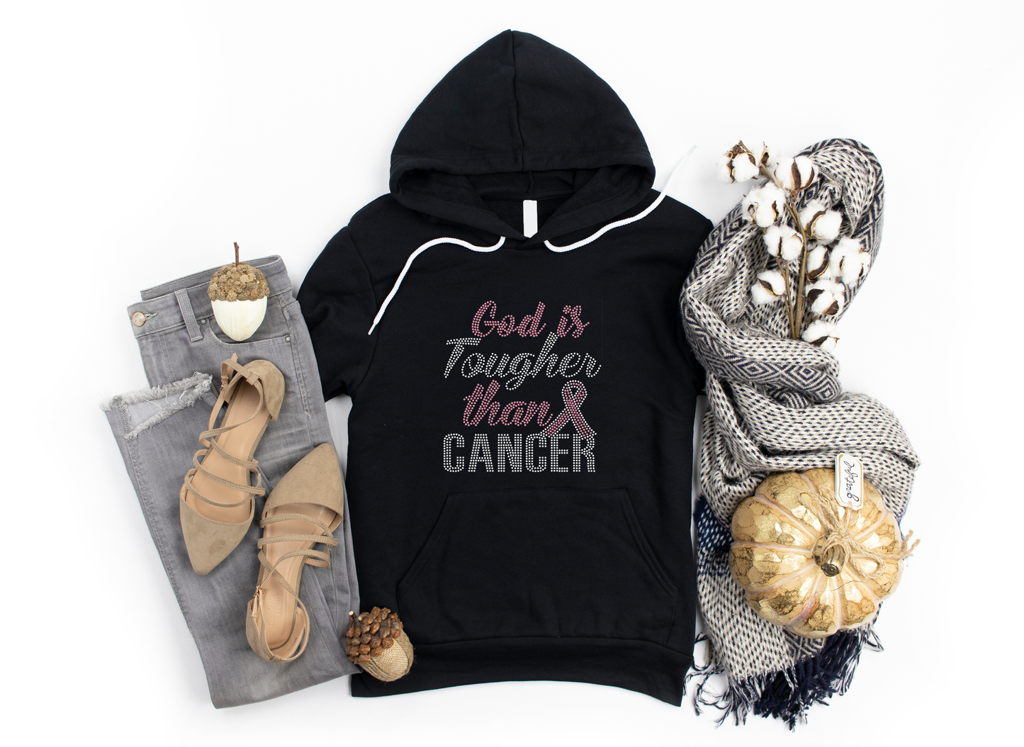 God is tougher than cancer Rhinestone hoodies/sweatshirts