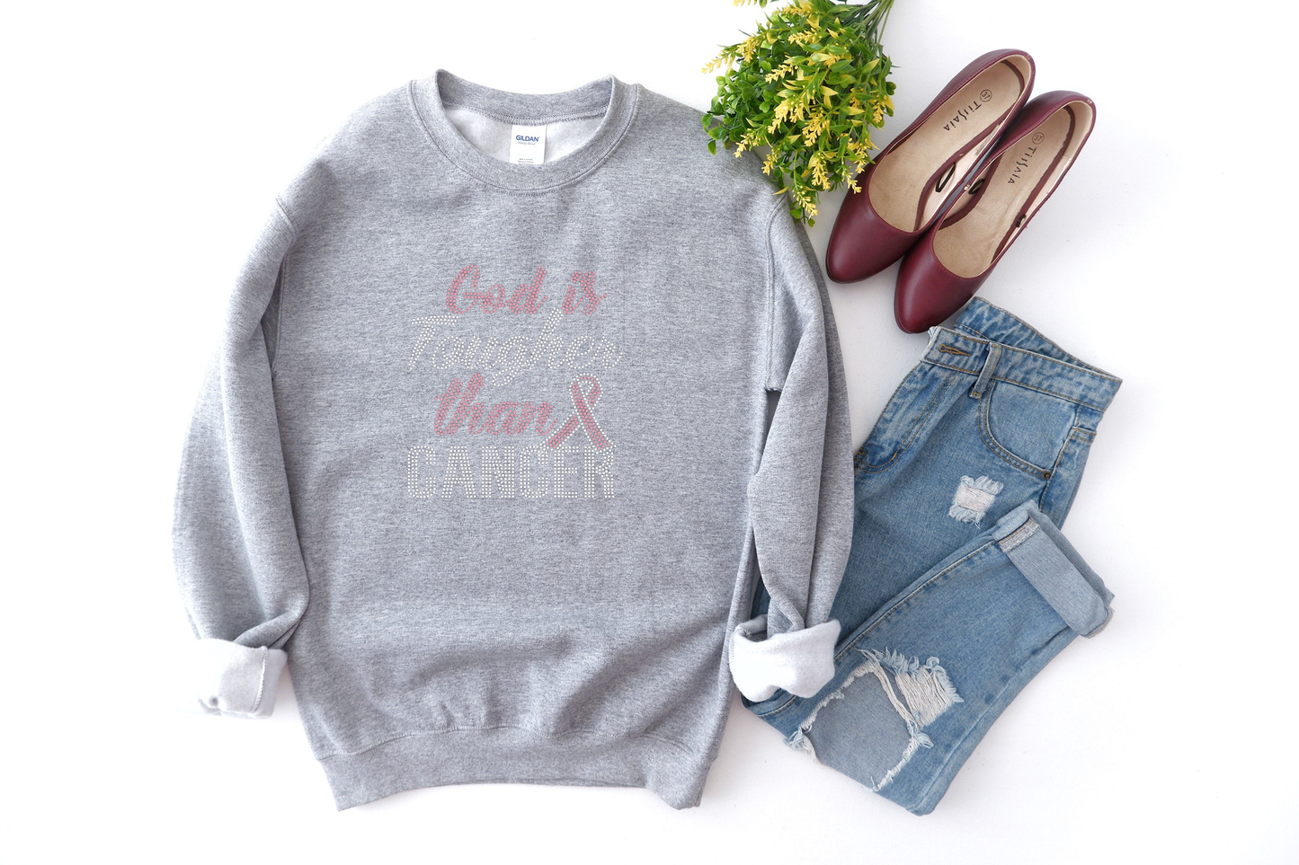 God is tougher than cancer Rhinestone hoodies/sweatshirts