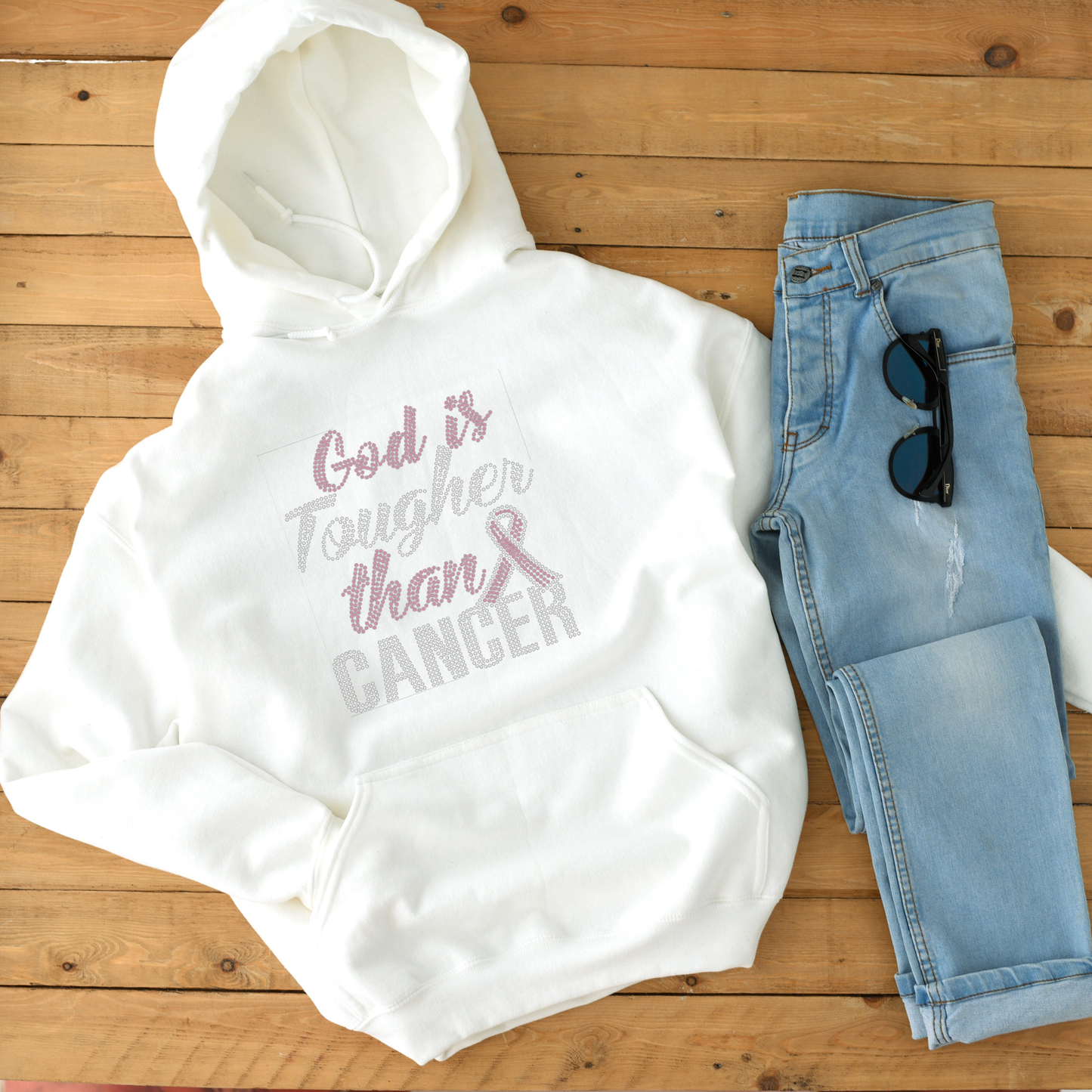 God is tougher than cancer Rhinestone hoodies/sweatshirts