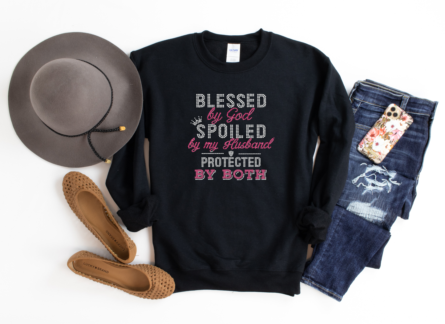 Blessed by God Spoiled by my Husband Rhinestone hoodies/sweatshirts