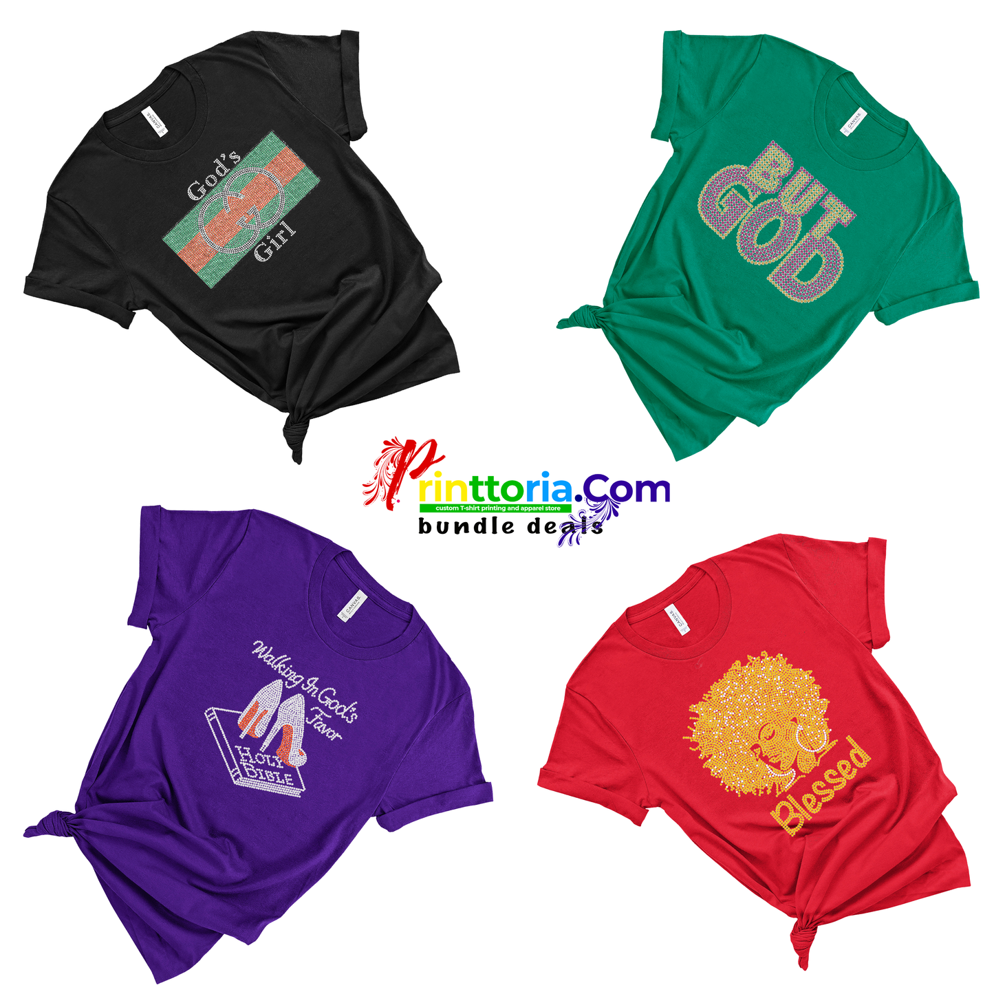 Lydia's Bundle(rhinestone)- Black-God's Girl, Green-But God, Purple-Walking in God's Favor, Red-Afro Blessed