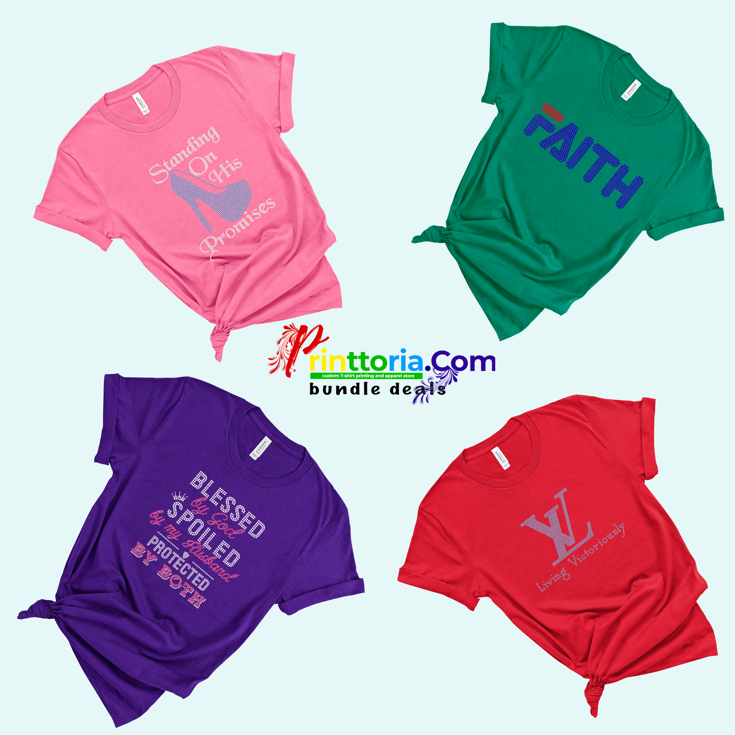 Jael's Bundle(rhinestone)-Pink-Standing on His Promises, Green-Faith, Purple-Blessed by God Spoiled By my Husband, Red-Living Victoriously