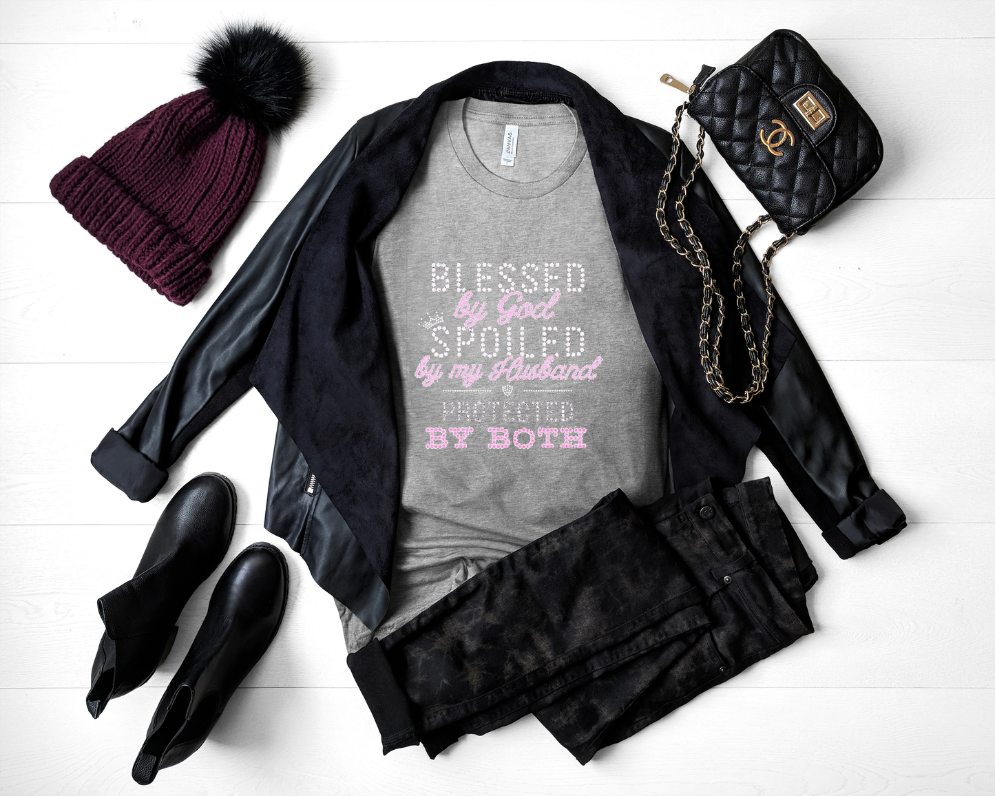 Blessed By God Spoiled By My Husband Protected By Both Rhinestone T-Shirt