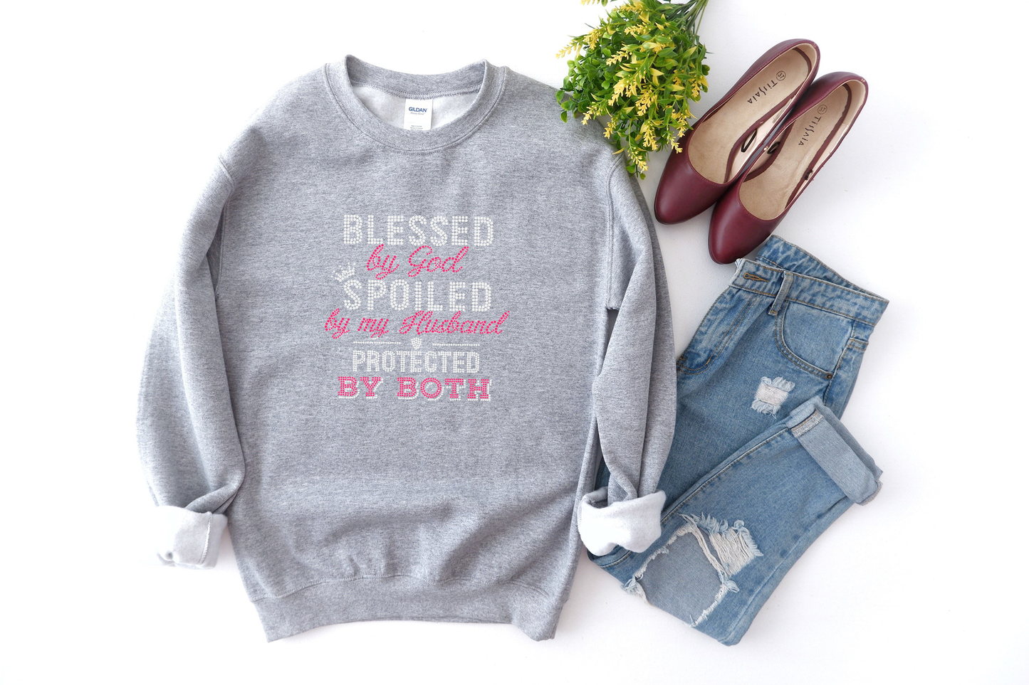 Blessed by God Spoiled by my Husband Rhinestone hoodies/sweatshirts