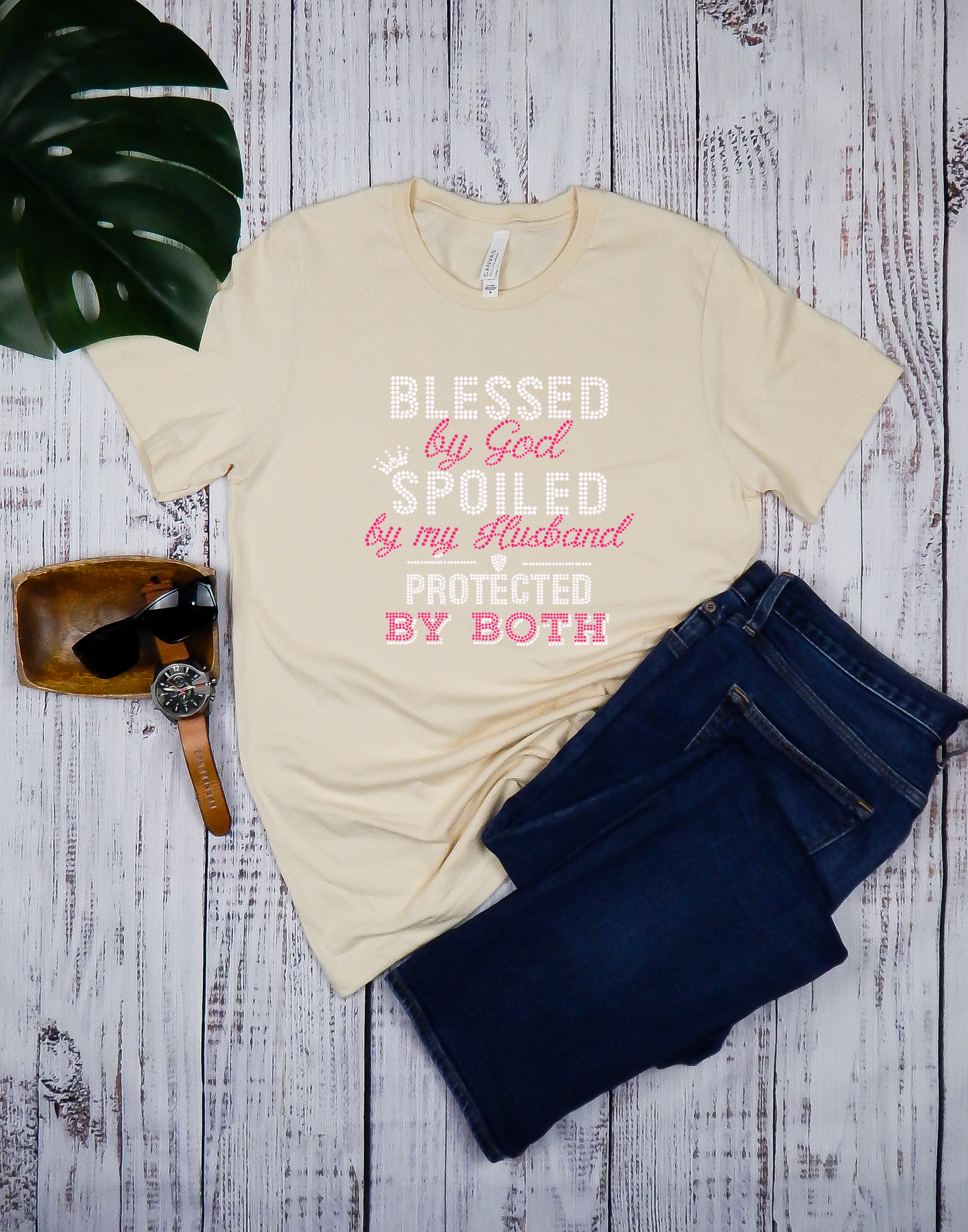 Blessed By God Spoiled By My Husband Protected By Both Rhinestone T-Shirt