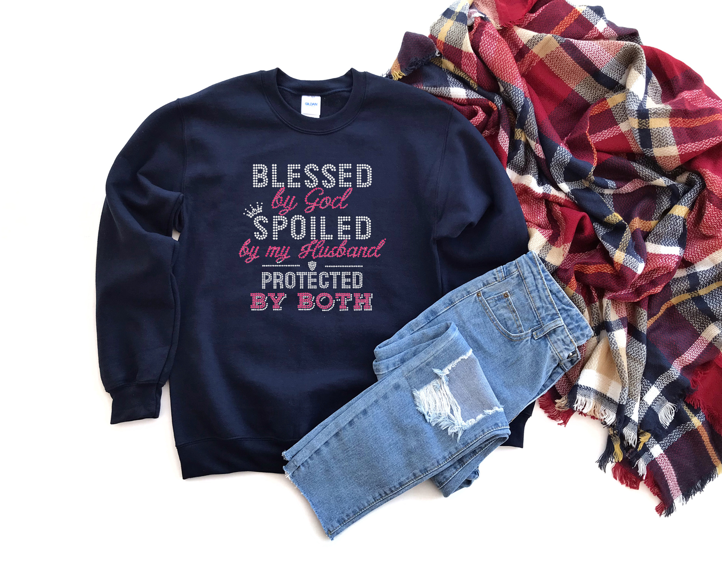 Blessed by God Spoiled by my Husband Rhinestone hoodies/sweatshirts