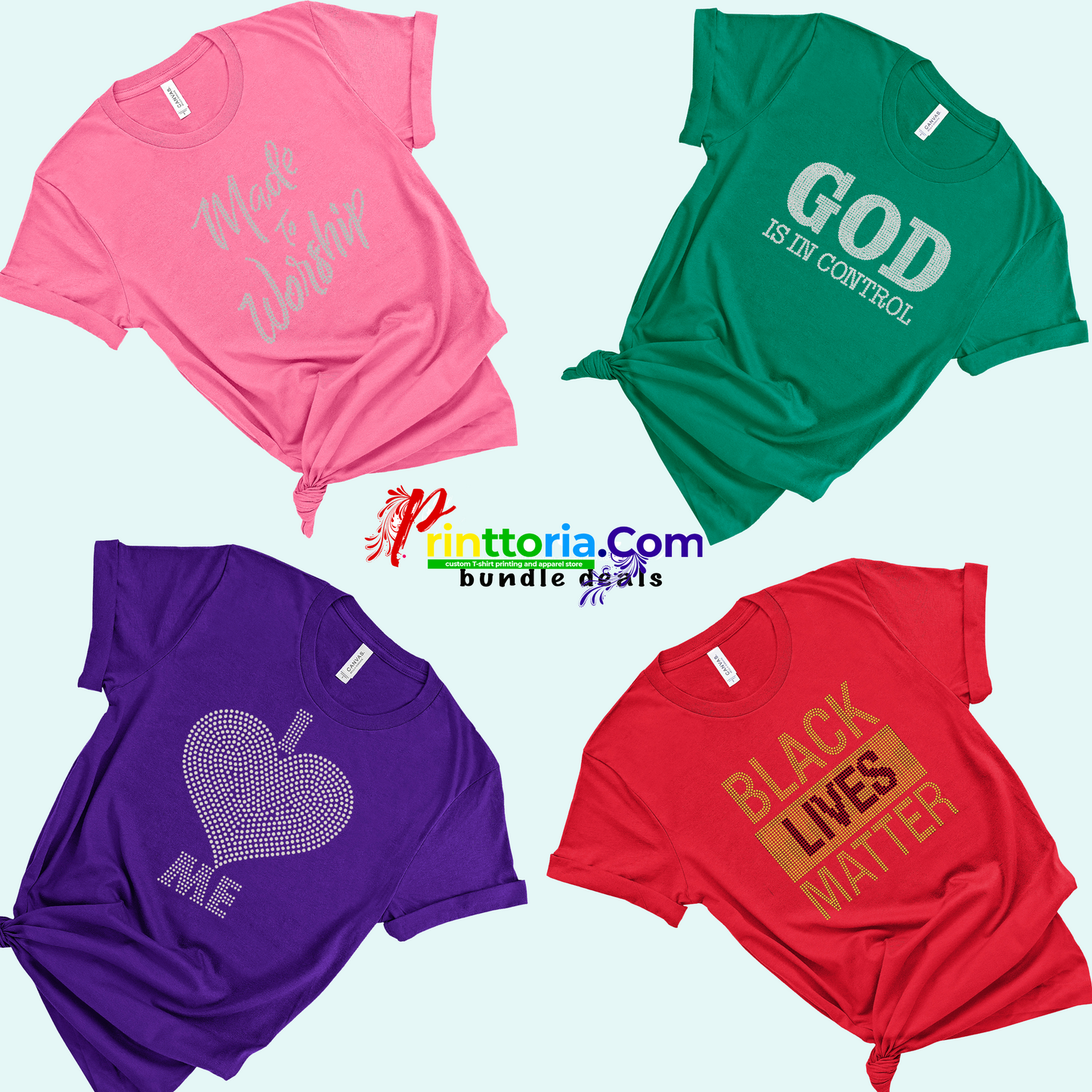 Hannah's Bundle(rhinestone)-Pink-Made to worship, Green-God is in control, Purple-I love me , Red-Black Lives Matter
