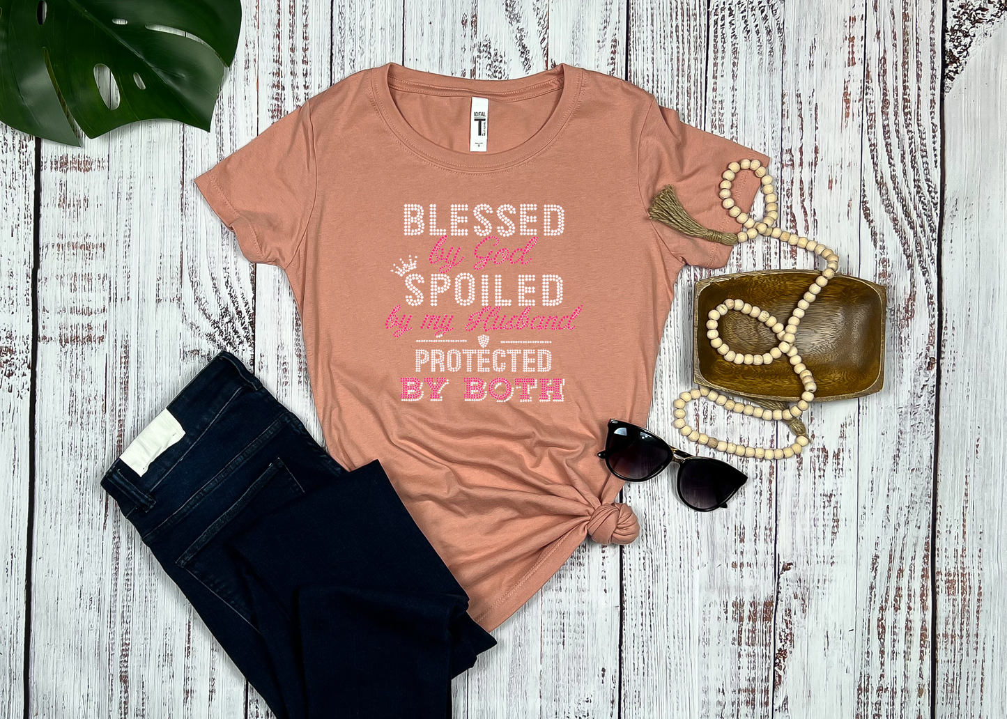 Blessed By God Spoiled By My Husband Protected By Both Rhinestone T-Shirt